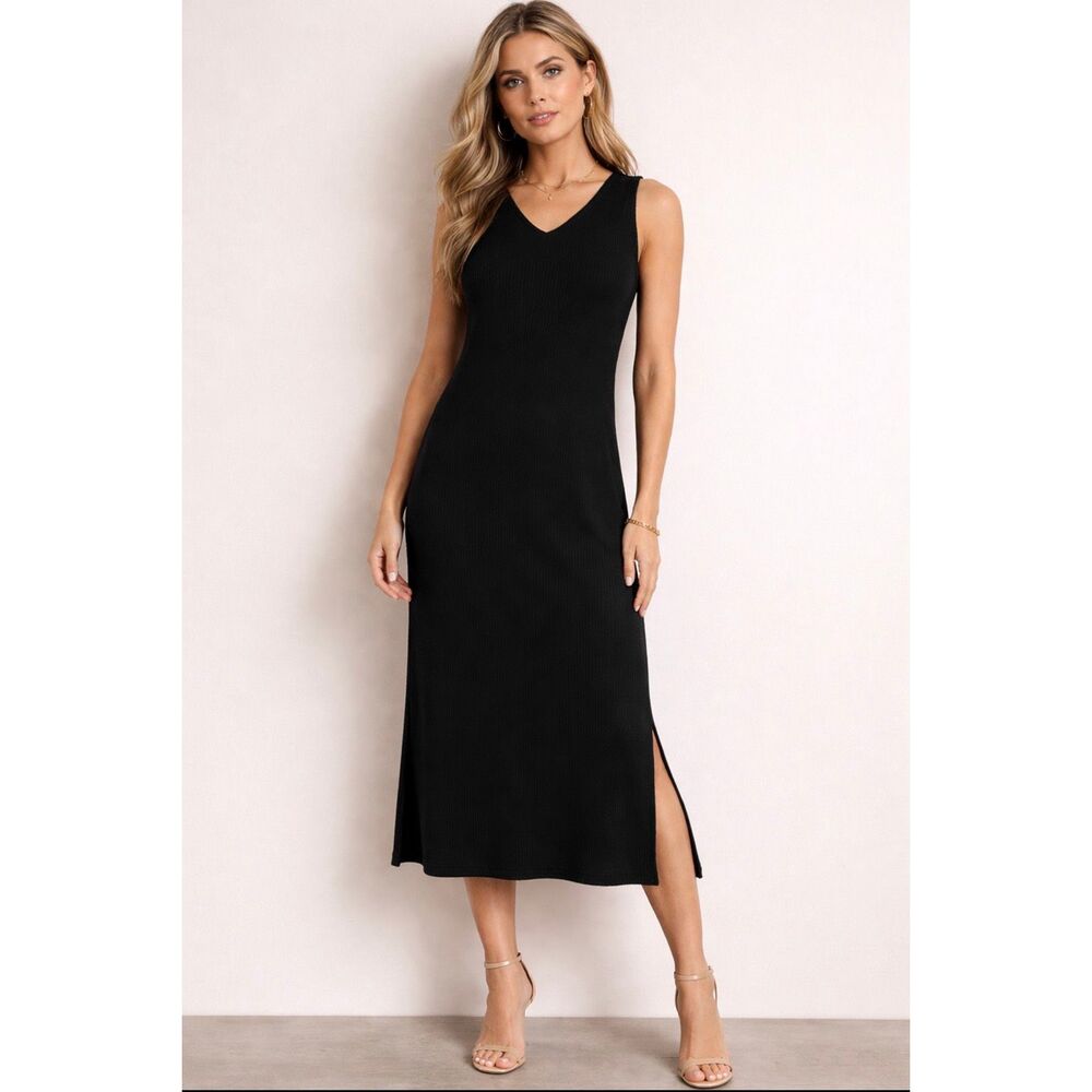 By Tavi Black Sleeveless V-Neck Ribbed MIDI Dress Size Small
